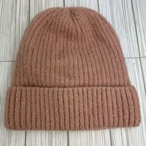 Look Cashmere Unisex Beanie Light Pink Mauve Rib Knit Wool Blend Winter Hat OS